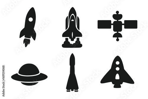 Rocket and spaceship silhouette icon set. Vector collection of spacecraft, launch, satellite, shuttle, and UFO symbols. Space exploration and technology graphic elements.