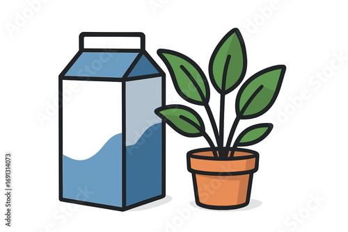 Milk carton with potted plant vector illustration. Flat cartoon icon for dairy product, beverage, nutrition, healthy lifestyle, breakfast, grocery, and home decor concepts.