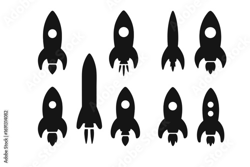 Rocket silhouette icon set. Spaceship launch symbol collection for startup business project. Simple black flat vector graphic design element for space exploration concept.