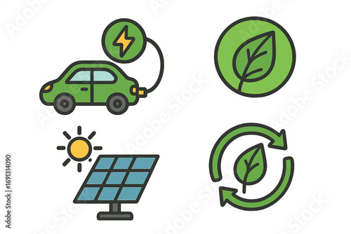 Renewable energy and eco-friendly technology symbols including electric vehicle charging, solar panels, green leaf eco icon, sustainability, reuse arrows, cartoon vector for environmental conservation