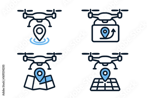 Drone icons set for navigation, tracking, location mapping, delivery route, GPS geolocation, aerial survey, map pin, waypoints, drone logistics, modern vector illustration, transparent background