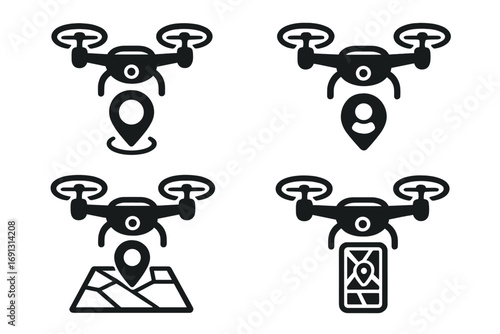 Drone Navigation and Tracking Icon Set. Modern Vector Illustrations Depicting Aerial Location Markers, Mapping, Delivery, GPS Tracking, Map Pin, Route Planning, Smartphone Navigation Concept