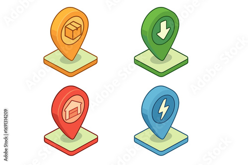 Isometric map marker icon set. GPS pins for navigation and logistics. Vector symbols for pickup, drop-off point, warehouse location, and electric car charging station.