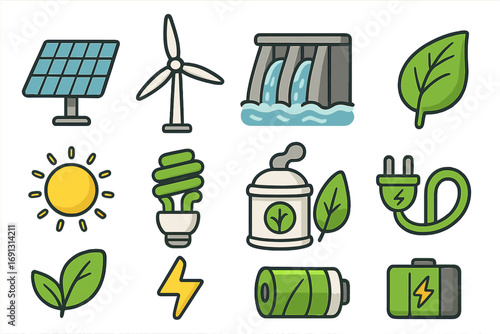 Renewable energy icon set. Sustainable power sources and technology concepts. Vector illustrations of solar panel, wind turbine, hydro, battery, and other green eco symbols.