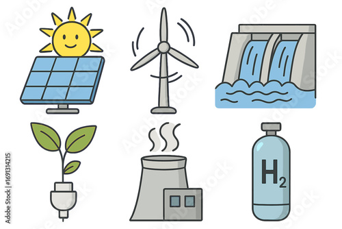 Renewable energy icon set. Collection of sustainable power generation symbols. Solar panel, wind turbine, hydropower dam, biomass plant, geothermal, hydrogen fuel vector icons.