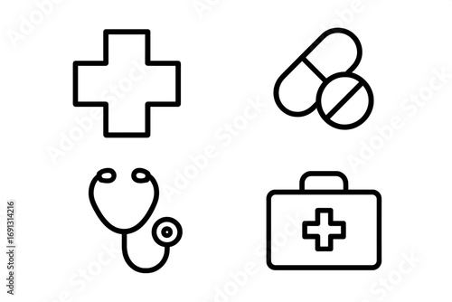 Medical and health care line icon set. Simple outline symbols for web, apps. Vector illustration of a medical cross, pills, medication, stethoscope, first aid kit, emergency.
