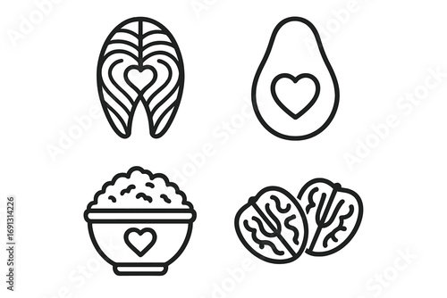 Heart healthy food icon set. Vector outline icons for nutrition, diet and cardiology. Salmon, avocado, oatmeal, walnuts. Healthy eating and lifestyle concept illustration.