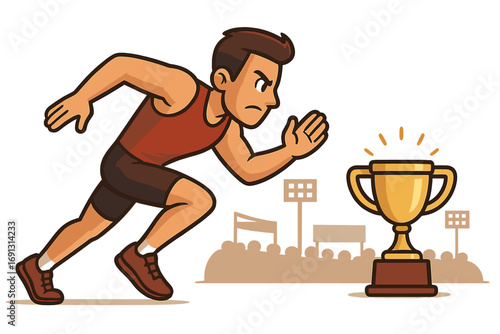 Determined runner sprints towards a gold trophy. Concept for winning, competition, and business success. Motivated athlete in a race for achievement and victory. Vector.