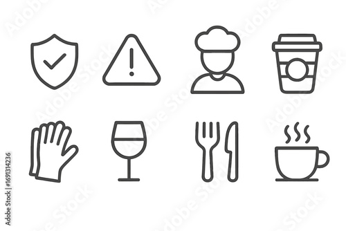 Food safety and coffee shop icon set. Minimalist outline icons for restaurant hygiene rules. Vector collection of chef, cutlery, gloves, warning, and drink symbols.