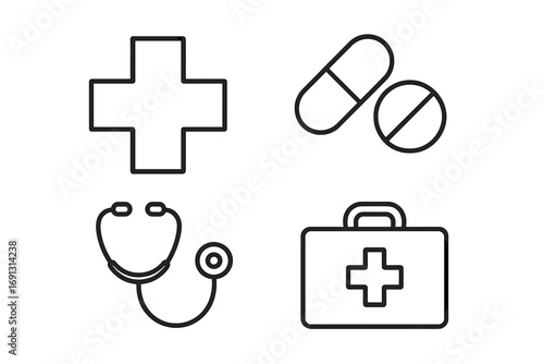 Health care medicine line icon set. Medical outline symbols for web design, apps. Vector illustration of a cross, pills, stethoscope, and first aid kit. Pharmacy signs.