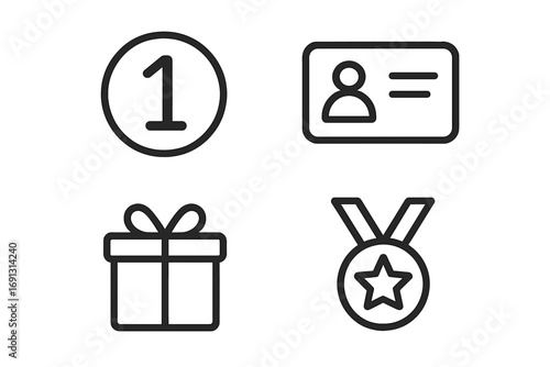 Loyalty program icon set with rewards and points. Minimalist vector line icons for membership, customer benefits, gifts, prizes, winner medal and achievement. VIP ID card.