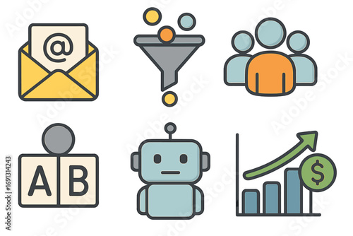 Digital marketing automation vector icons. Email campaign, lead generation funnel, customer targeting, AB testing, AI chatbot, and financial ROI growth chart illustration.