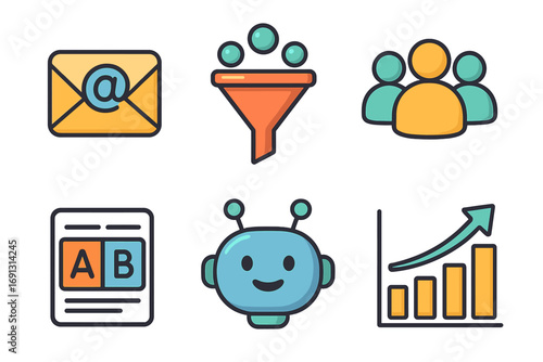 Marketing automation icon set. Email campaign, sales funnel, audience targeting, AB split test, chatbot, ROI chart. Vector symbols for digital strategy and lead generation.