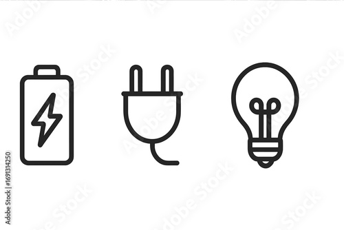 Energy and power icon set. Minimalist line art vector illustration. Includes battery charge symbol, electric plug, and light bulb for concepts of electricity, ideas, and innovation.