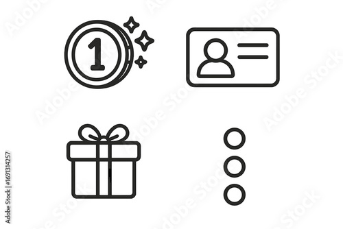 Rewards program vector icon set. Minimalist line art signs. Loyalty points coin, membership id card, bonus gift, and more options menu. UI UX web and app elements.