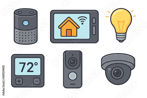 Smart home devices vector icon set. Modern technology for home automation, security system. Internet of Things concept with speaker, camera, lightbulb, thermostat, doorbell.