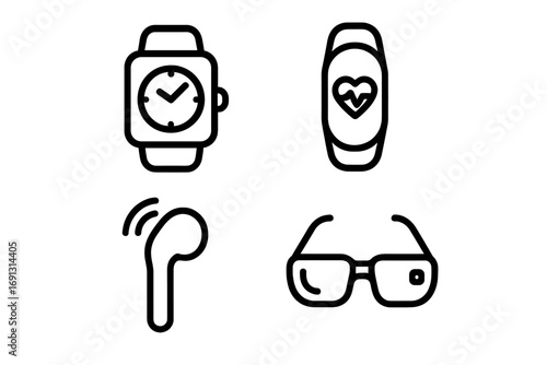 Minimalist line art icons of modern smart wearable technology devices. Vector cartoon illustration of smartwatch, fitness band, earbud and smart glasses for web and apps.