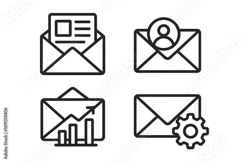 Email marketing icon set. Line art vector icons for newsletter, subscriber list, analytics report, and campaign settings. Minimalist symbols for digital communication.