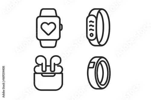 Set of wearable technology line icons. Smart watch, fitness band, smart ring, earbuds. Modern digital health gadgets for activity tracking. Minimal vector illustration.