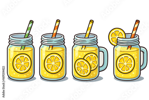 Set of lemonade in mason jars with handles. Refreshing summer drinks with lemon slices and straws. Fresh cold citrus juice for a warm day. Vector cartoon illustration.