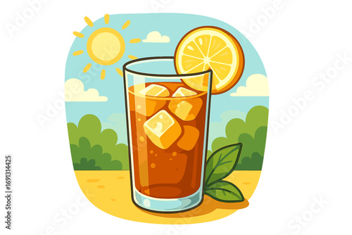 Iced tea with lemon on a sunny summer day. Vector cartoon illustration. Refreshing cold drink. Summer beverage concept. Thirst quencher. Vacation, picnic, cool drink.
