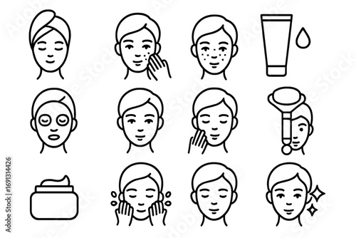 Skincare routine linear icon set. Beauty and facial treatment collection. Face care, cleaning, moisturizing, and anti-aging procedure pictogram. Dermatology cosmetic symbols.
