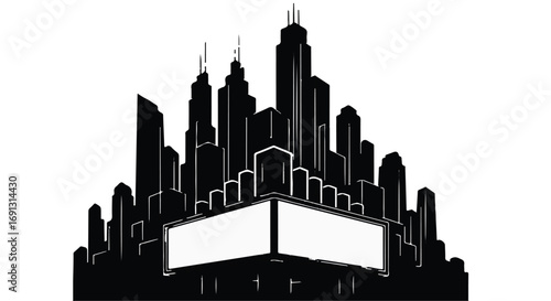 Dramatic cityscape silhouette with blank billboards for advertising