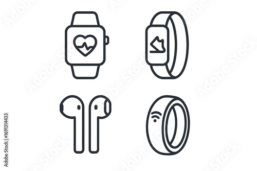 Minimalist line art icons of modern smart wearable technology. Vector set includes smart watch with heart rate, fitness band, wireless earbuds and smart ring for activity tracking.
