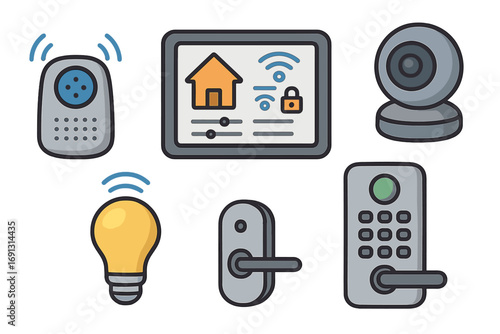 Smart home icon set for home automation and security system. Internet of Things (IoT) technology. Vector illustration of camera, smart lock, light bulb, control panel, baby monitor.