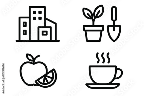 Urban living icons set line art. City architecture, gardening, healthy food, and coffee break. Minimal vector illustration. Lifestyle concept for business, home, and design.