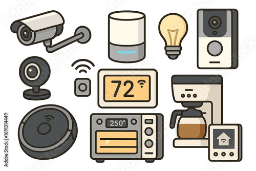 Smart home technology icons set. Vector collection of IoT devices and home automation systems. Includes smart speaker, security camera, thermostat, robot vacuum, and appliances.
