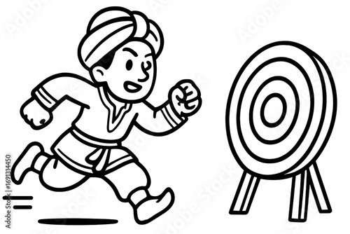 Man in traditional clothes running to target. Metaphor for business goal, success, and ambition. Cartoon vector illustration for concepts of focus, determination, and achievement.