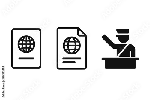 Passport control icon set. Vector symbols for immigration, customs, and border security. Officer at checkpoint checking travel documents and visa. Airport pictogram for international tourism.
