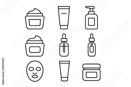 Skincare cosmetic product line icon set. Vector collection of beauty symbols. Outline cream jar, serum dropper, lotion tube, face mask. Minimalist cosmetology signs.