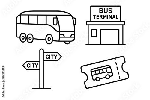 Intercity bus travel line icon set. Public transportation outline icons with coach, bus terminal, route signpost, and ticket. Vector concept for shuttle service, tourism, journey.