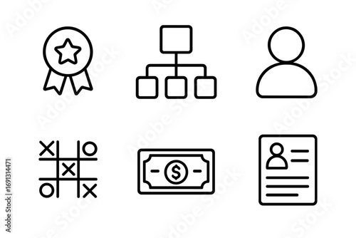 Business and finance line icon set. Minimalist vectors for success award, organization structure, user profile, tic tac toe strategy, money, and HR document. UI UX symbols.