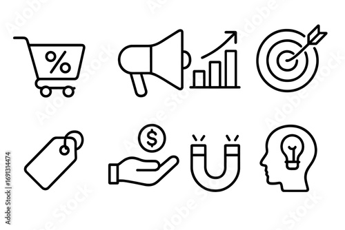 Sales and marketing minimalist line icon set. Business growth chart. Target goal. Customer attraction magnet. Financial success. E-commerce discount. Advertising promotion.