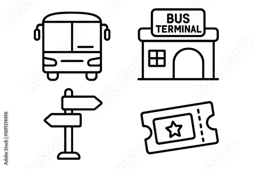 Bus travel icon set. Public transport line icons. Intercity shuttle, coach, bus terminal, station, route signpost, and ticket pictogram collection for web and mobile apps. Vector.