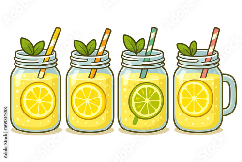 Refreshing summer lemonade and limeade in mason jars with straws and mint. Vector cartoon illustration set of cold drinks. Fresh juice in glass mugs for a party. Isolated.
