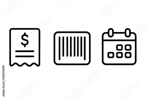 Business icon set with invoice, barcode, calendar. Thin line vector symbols for finance, commerce, and scheduling. Financial receipt, product code, date planning concepts.