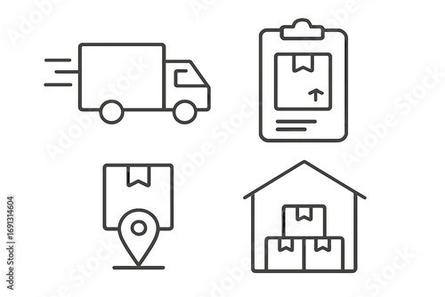 Minimalist line icons set with logistics, delivery truck, warehouse, shipping package, location pin, clipboard, and storage boxes. Vector illustration for transportation and supply chain design