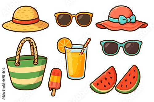 Summer beach essentials icon set. Vector cartoon illustration of sun hats, sunglasses, bag, juice, popsicle and watermelon. Vacation travel accessories and food collection.