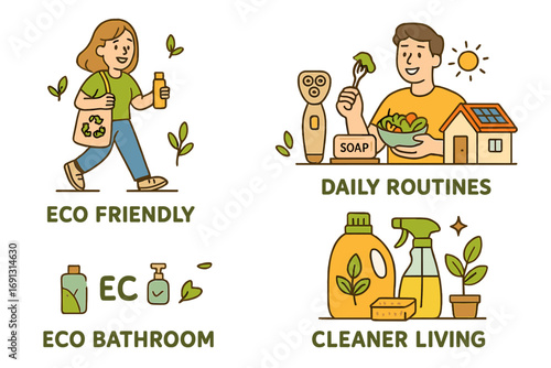 Eco friendly lifestyle and daily routines for sustainability. Vector icon set with reusable items, zero waste products, green cleaning, and healthy food for conscious living.