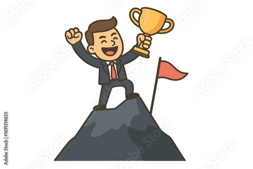 Metaphor for success and achievement. Businessman on mountain top with trophy. Career goal victory. Leadership concept. Winner celebration. Reaching the summit. Challenge overcome.