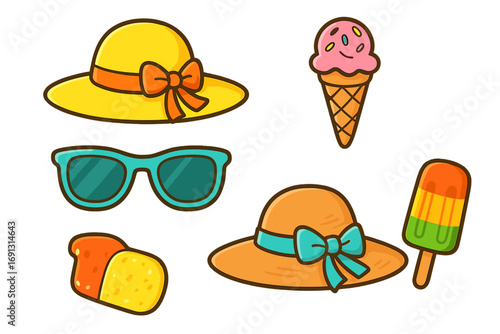 Summer beach essentials with stylish sun hats, trendy sunglasses, colorful ice cream cones and refreshing popsicles, fun summer vacation accessories, vector cartoon illustration