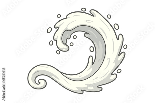 Milk splash and pouring wave. White liquid swirl. Cream or yogurt flow with bubbles. Fresh dairy drink motion. Cartoon vector illustration for food or beverage design.