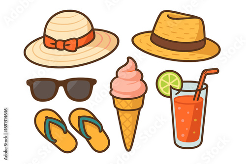 Summer beach essentials icon set. Vector cartoon collection of vacation accessories. Sun hat, sunglasses, flip flops, ice cream, and cocktail for a holiday. Flat design elements.