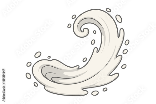 Cartoon milk splash vector, liquid swirl. White cream or yogurt wave with drops. Fresh dairy drink, flowing milk. Natural food product. Isolated illustration design element.