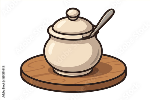 Vector cartoon sugar bowl with spoon for serving sweeteners. Ceramic pot with lid on wooden stand. Kitchen tableware for coffee, tea, and breakfast. Condiment container.