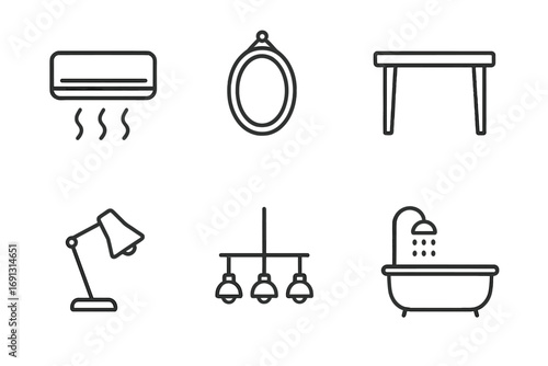 Interior simple linear icons set. Outline vector illustrations of conditioner, mirror, table, lamp, chandelier, bathroom for app, web design, and modern infographics.